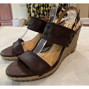 JACK ROGERS Espresso Brown Leather VANESSA Jute Wedge Sandal Size 8.5 M